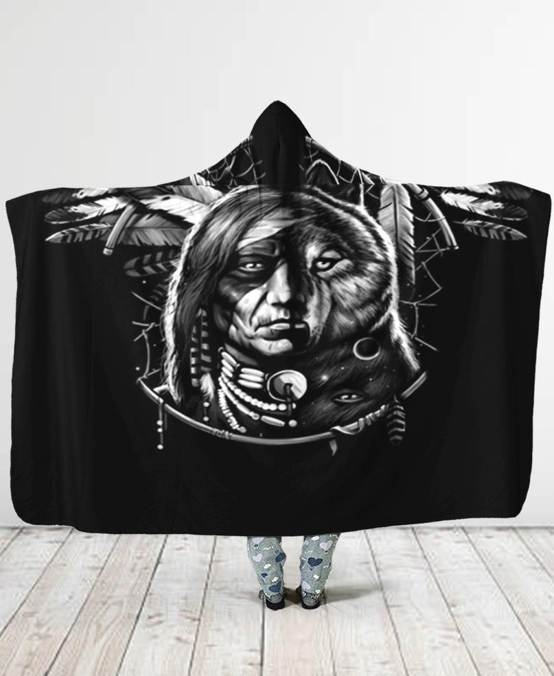 Welcomenative Black Chief Hooded Blanket, All Over Print , Native American