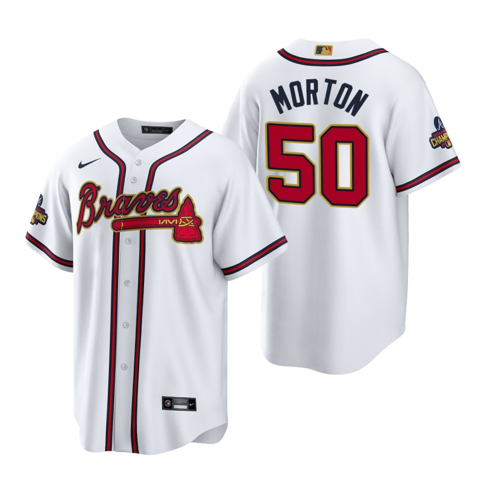 Charlie Morton 50 Jersey, Atlanta Braves White 2022-23 Gold Program Jersey