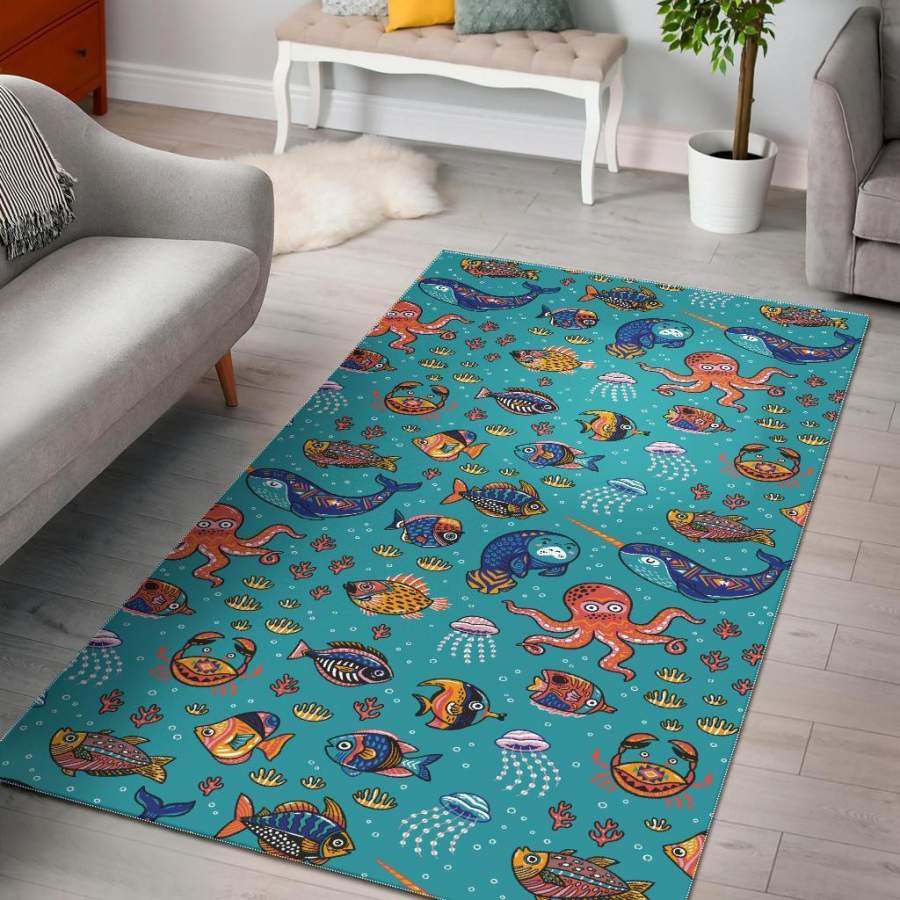 Manatee Whale Fish Octopus Pattern Print Area Rug