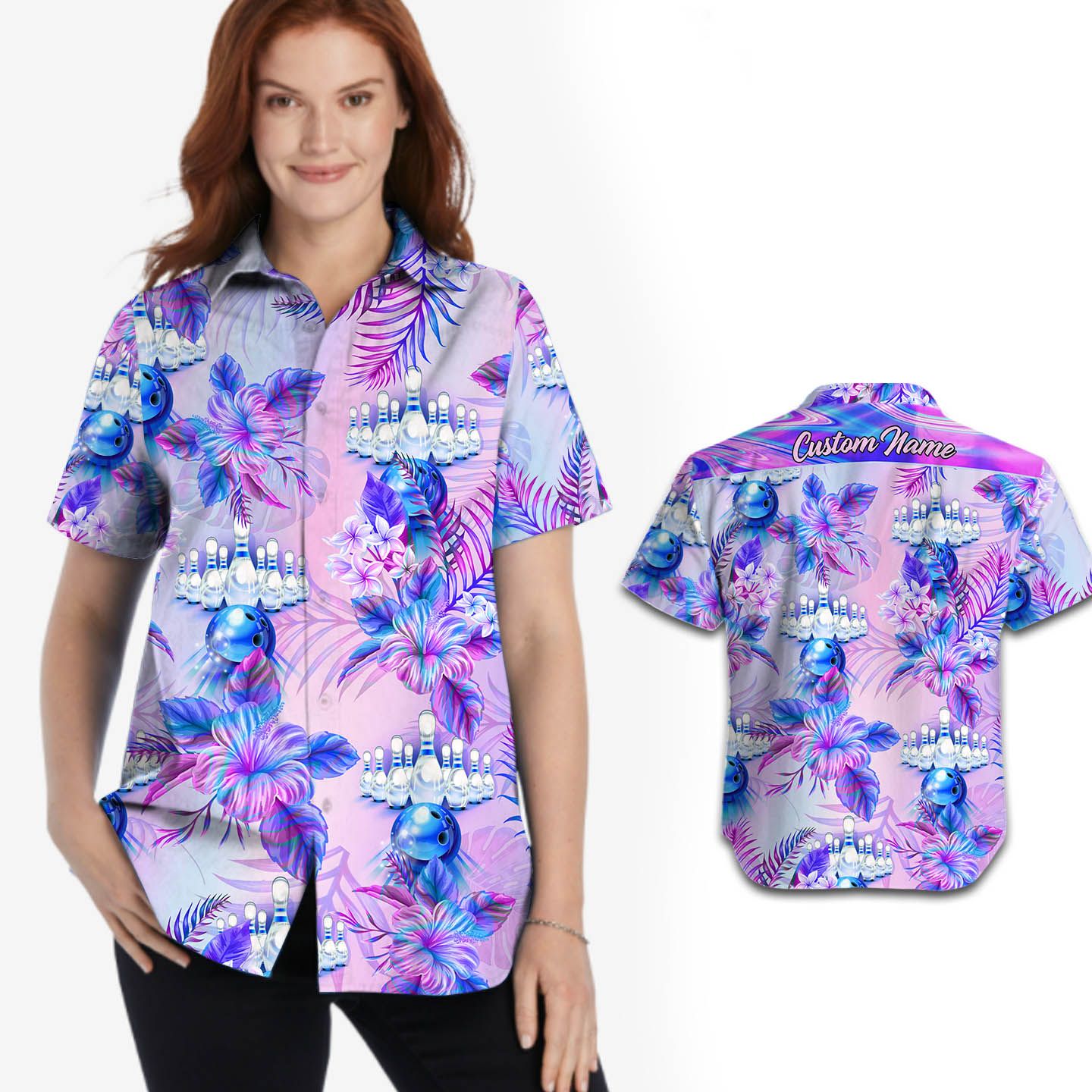 Bowling Holographic Tropical Flowers Custom Name Women Hawaii Shirt Ha70729