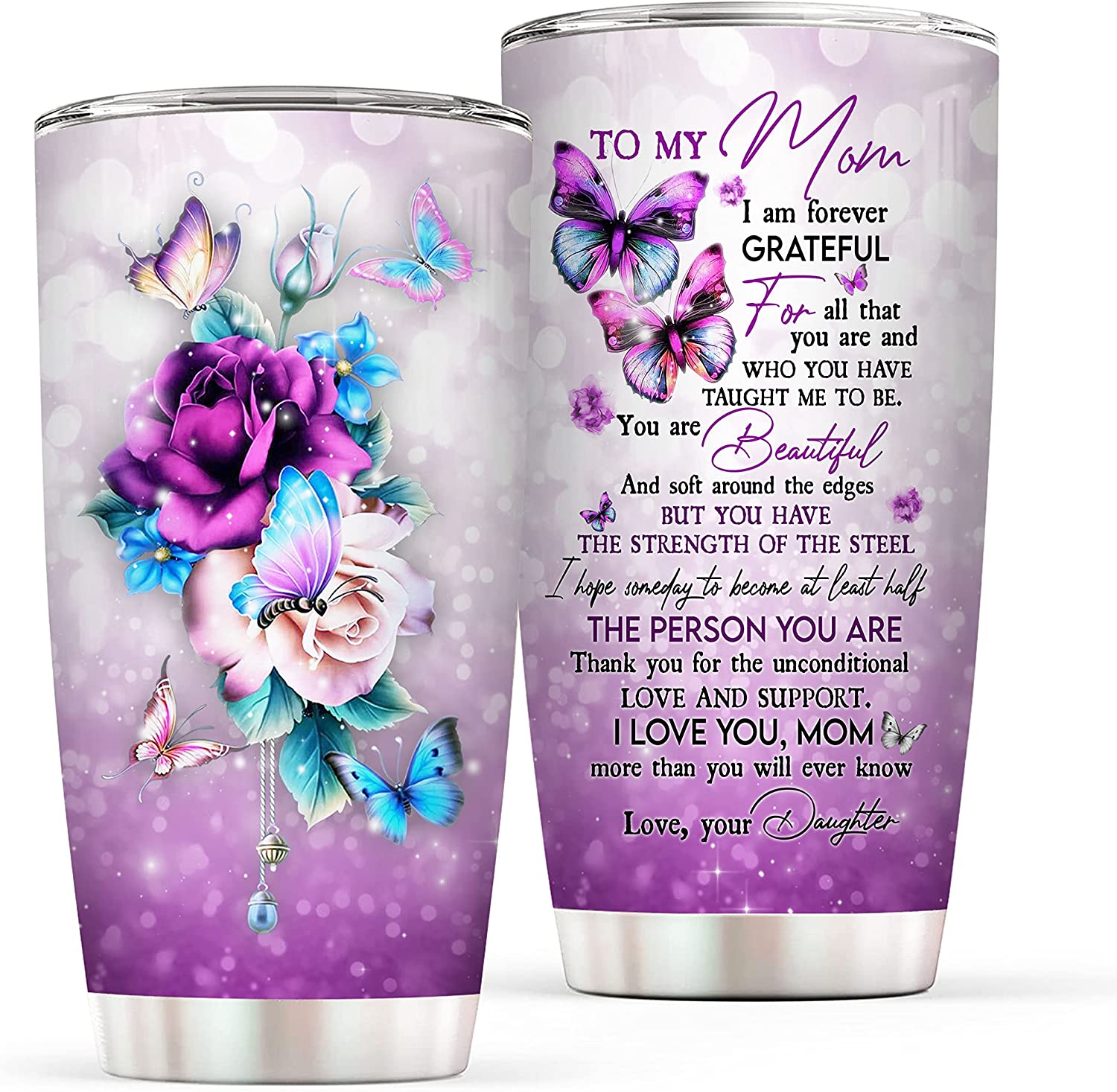 Vprintes To My Mom Tumbler With Lid – 20 Oz Stainless Steel Coffee Tumbler For Women – I Love You Roses Gift For Mom From Daughter – Mothers Day Gift