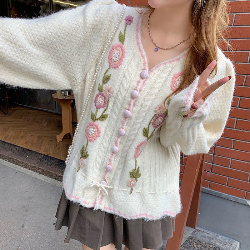 Spring Autumn Sweet Knitted Cardigan Women Chic Flower Embroidery Bandage Sweater Coat Female French Kawaii V Neck Knitcoat Tops alx