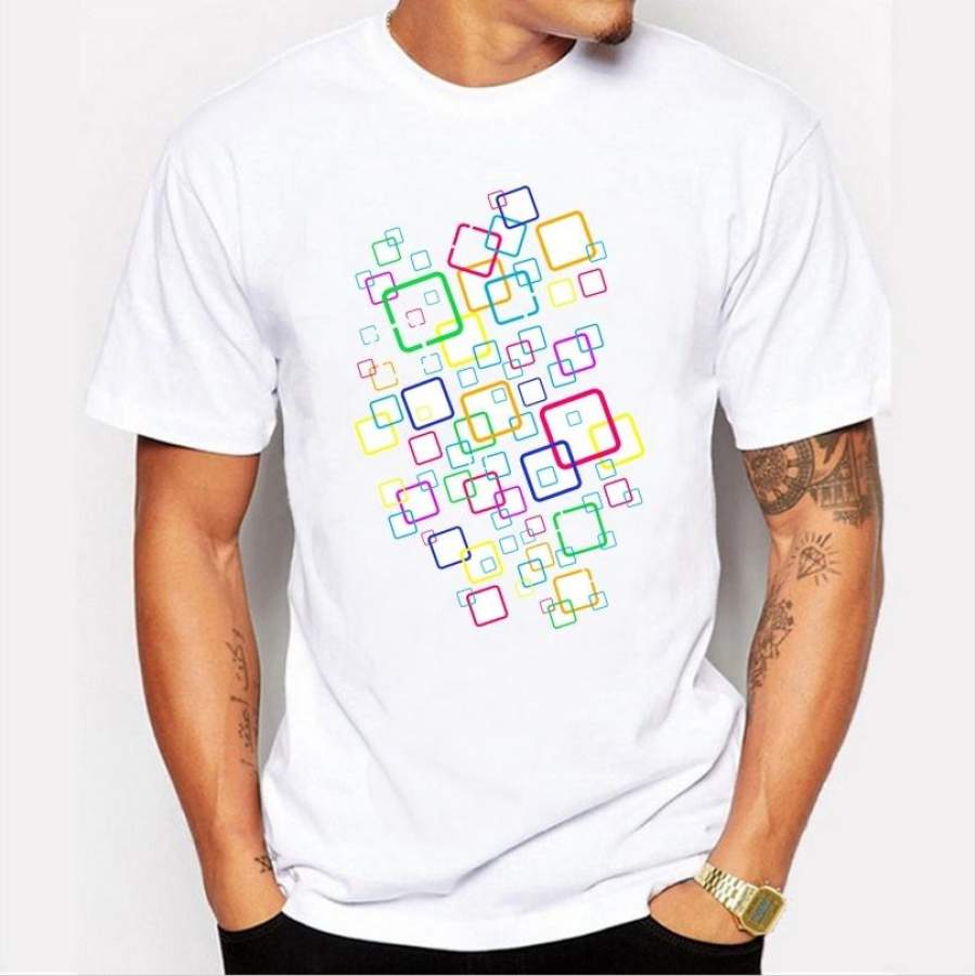 Summer new men ‘s fashion T – shirt personalized color box printing pattern casual short – sleeved T – shirt