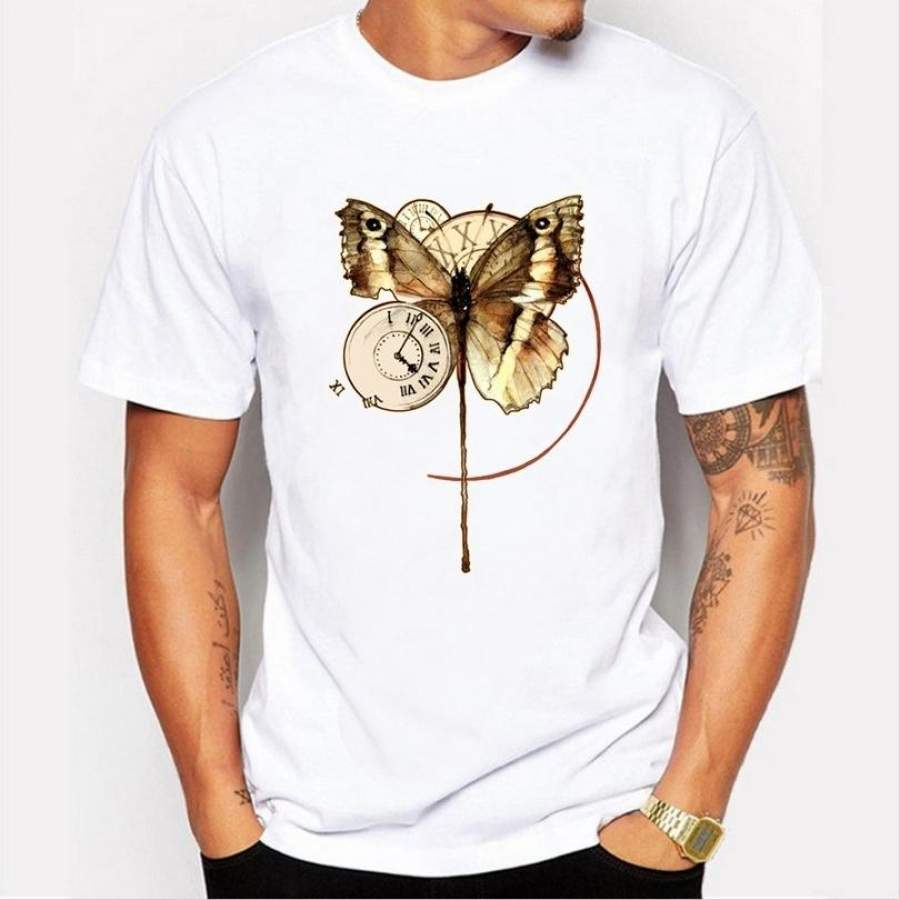 2017 Summer Fashion White T-Shirt Personalized Butterfly Clock T-Shirt Men’S