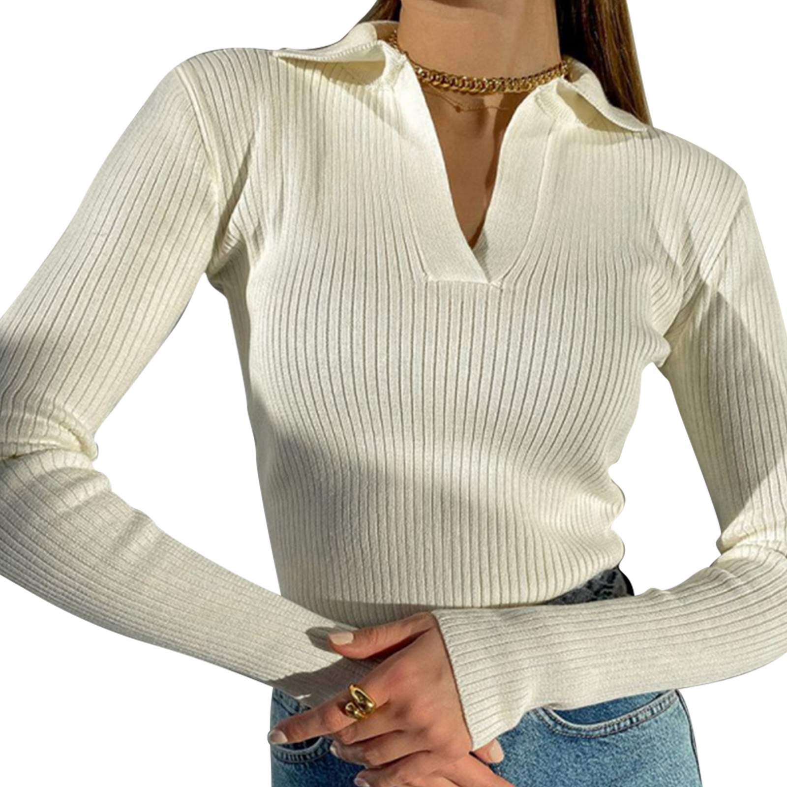 2021 Autumn Women Long Sleeve Lapel V Neck Solid Color Knitted Pullover Rib Knit Tops Female Casual Slim Fit T-Shirts Streetwear alx