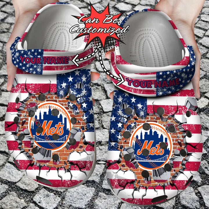 Baseball Crocss – Personalized Ny Mets American Flag Breaking Wall Clog Shoes