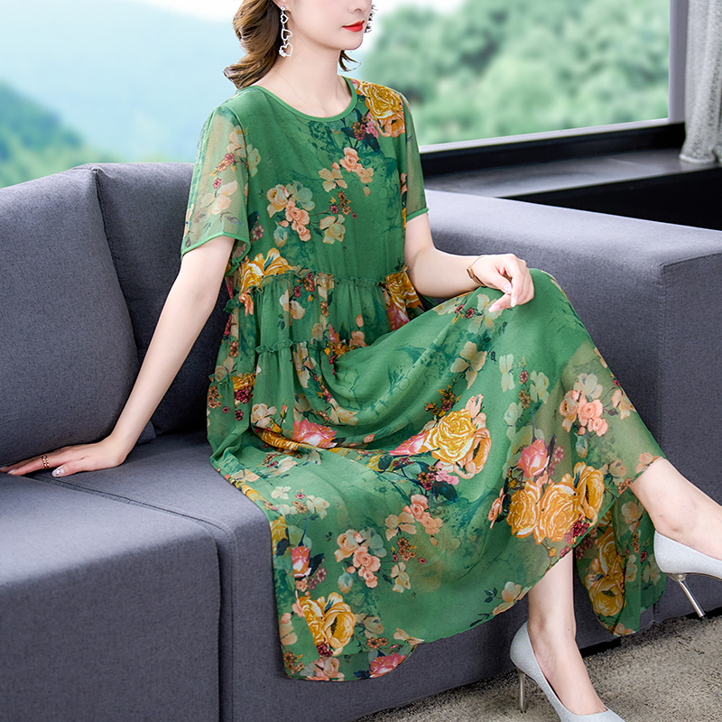 Women Green Floral Silk V-Neck Midi Dress 2022 Boho Fashion Light Casual Beach Dress Summer Korean Elegant Bodycon Party Dress alx