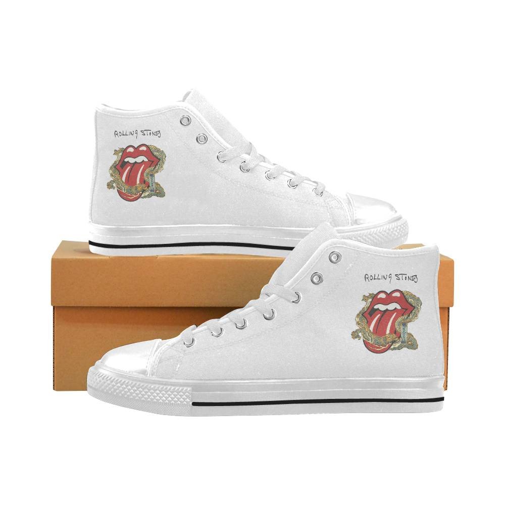 The Rolling Stones Big Tongue Gold Dragon Tattoo Japan Style Canvas Shoes,Low Top, High Top, Sport Shoes – All White