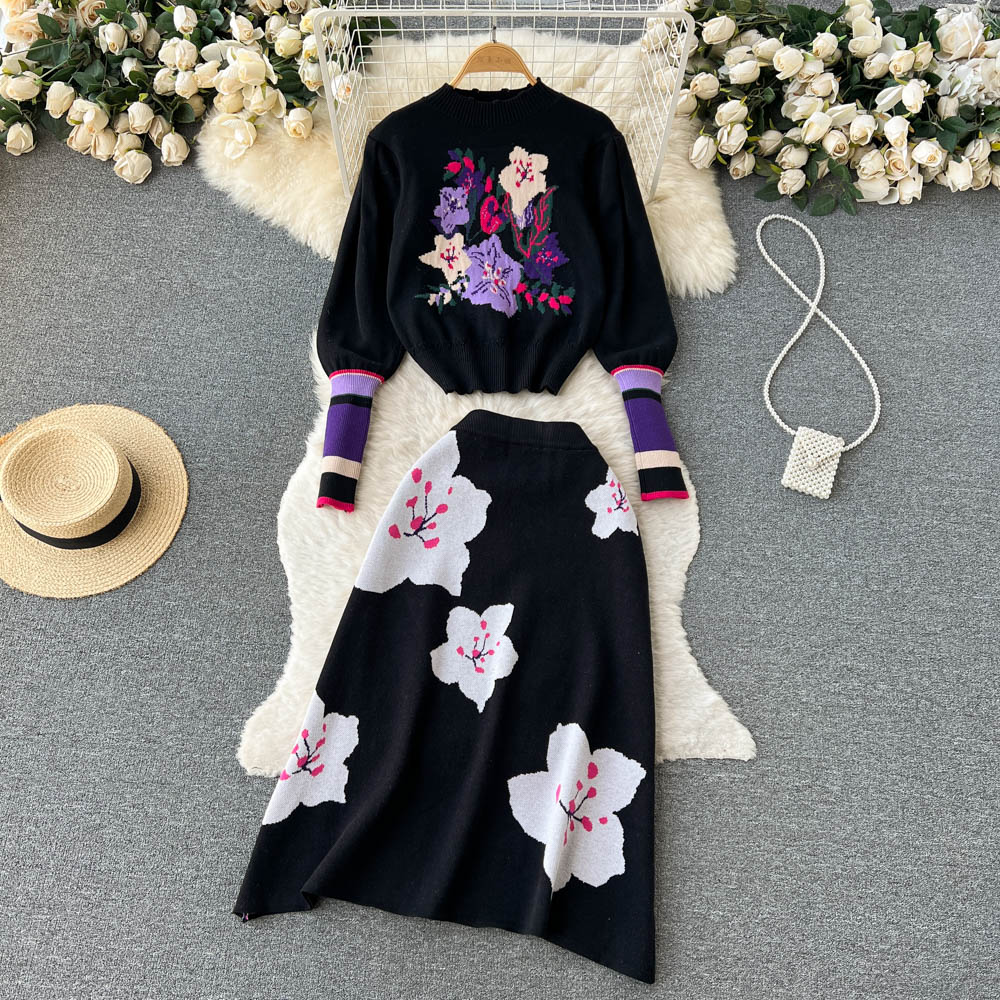 Autumn And Winter Vintage Printing Suit Women’s Medium Long A-line Knitted Skirt+Bubble Sleeve Sweater Elegant Two-piece Set alx