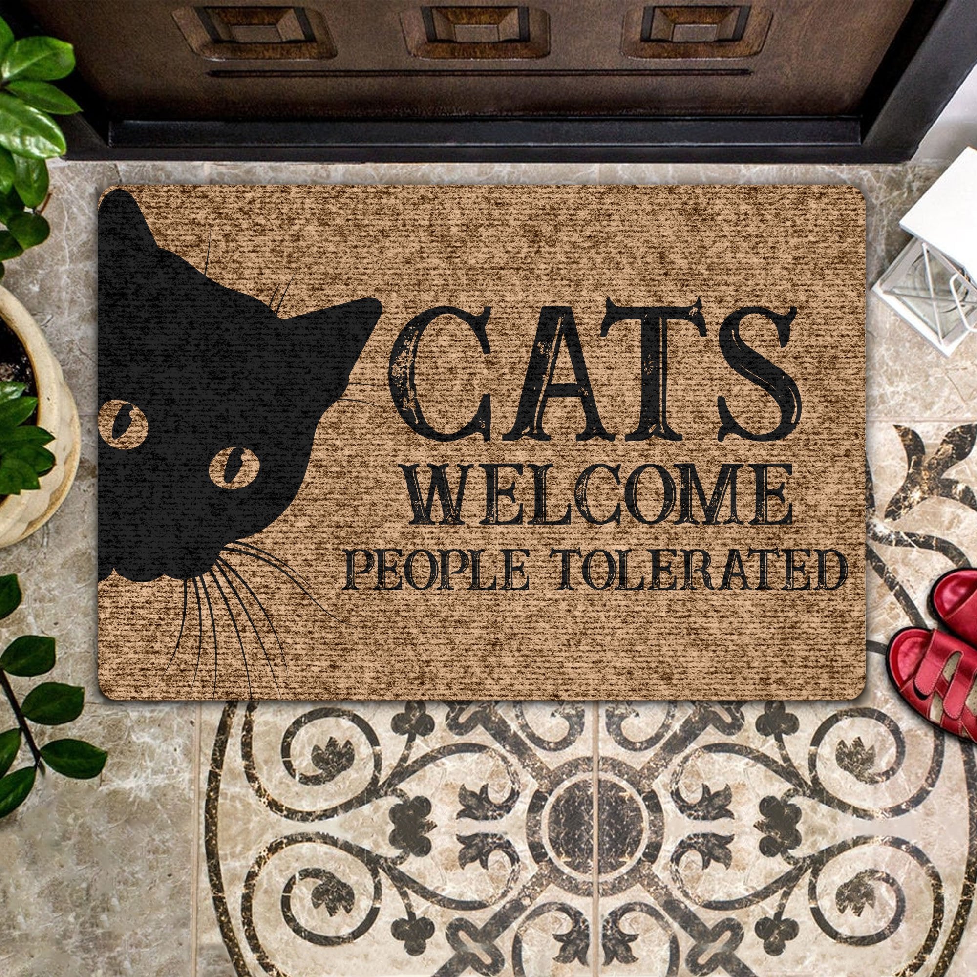 Black Cats Welcome People Tolerated Coir Pattern All Over Printing Doormat Pre2079