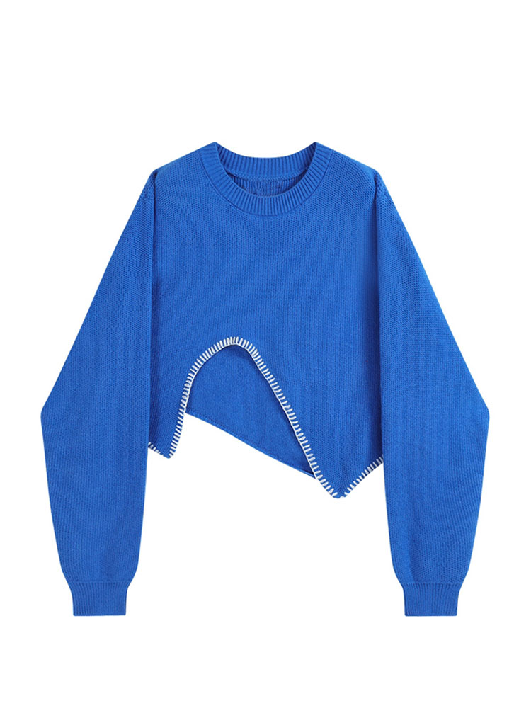 Women Vintage Rhine Blue Sweaters O-Neck Long Sleeve Female Fashion Irregular Design Knit Sweater Pullovers Tops 2022 Spring New alx