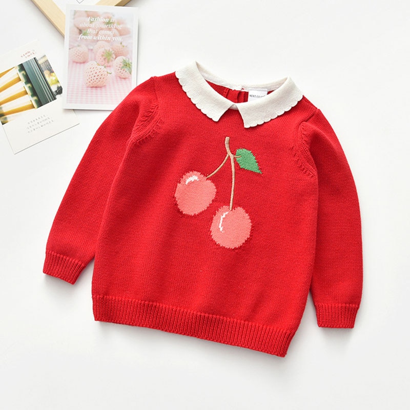 Baby Kids Girls Long Sleeve Cherry Printing Knit Sweater Autumn Winter Kids Girls Pullover Sweaters Children’s Clothes alx