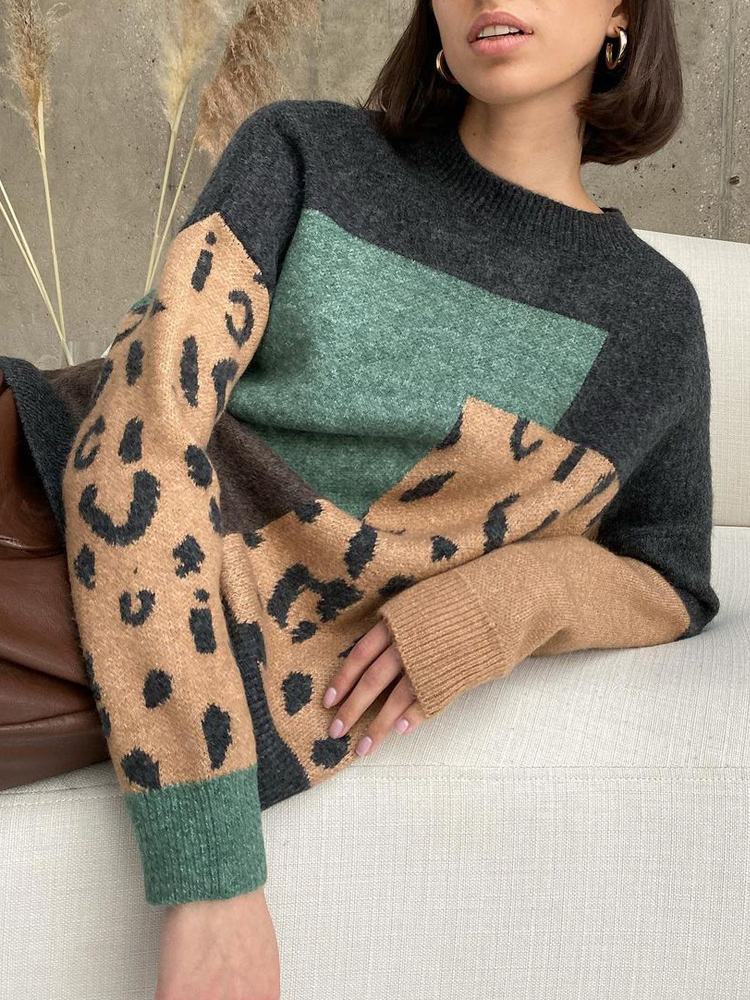 Women Leopard Print Sweater Oversized Pullover O-Neck Loose Autumn Winter Jumper 2022 Warm Vintage Knitted Sweaters for Women alx