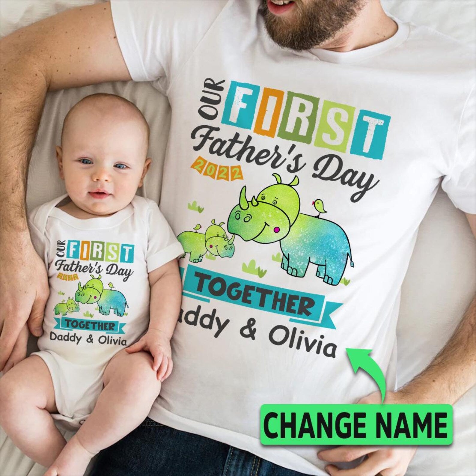 Personalized Matching T-Shirt & Baby Onesie Our First Father’S Day Cute Funny Dinosaur Custom Name Daddy & Baby Set