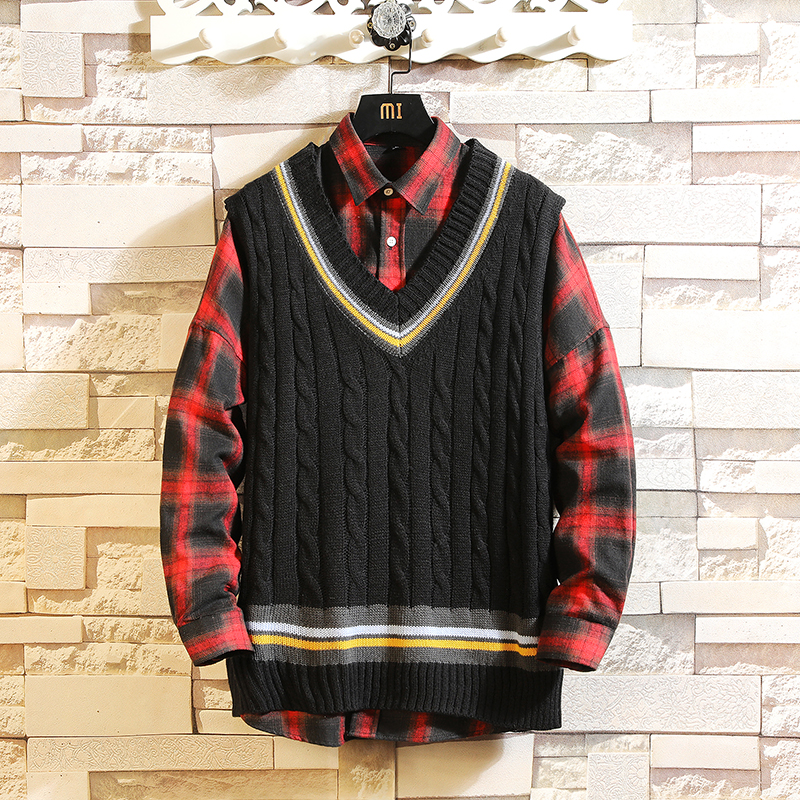 Sweater Vest Men Autumn Winter Plus Velvet V-neck Striped Big Size Oversize Mens Couples Preppy Style Students Vests Ulzzang alx