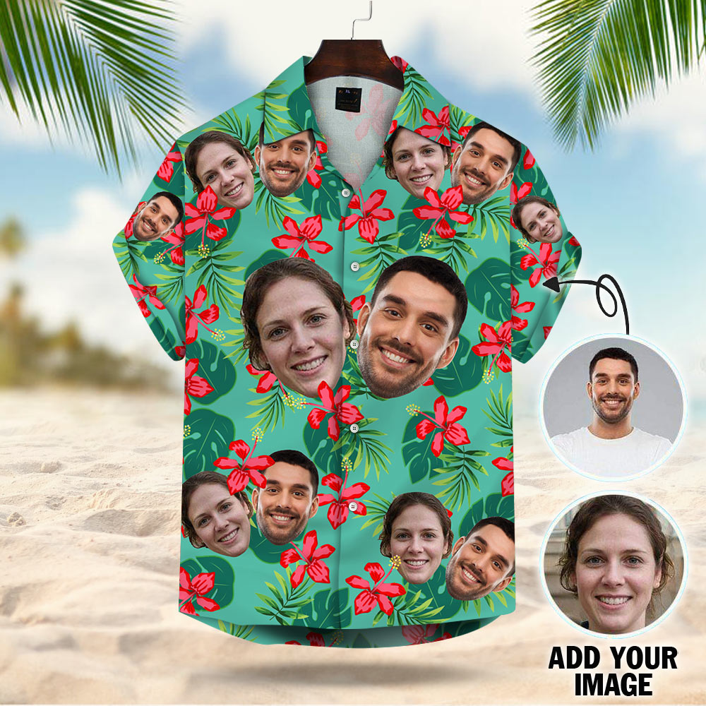 Custom Hawaiian Shirt With Your Face Leaves & Flowers Pattern Short-Sleeve Hawaiian Shirt Aloha Shirt Vr1 Phts