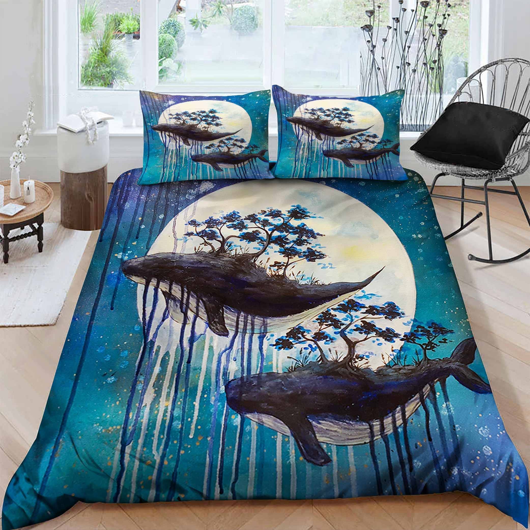 3D Whale Under The Moon Cotton Bed Sheets Spread Comforter Duvet Cover Bedding Sets