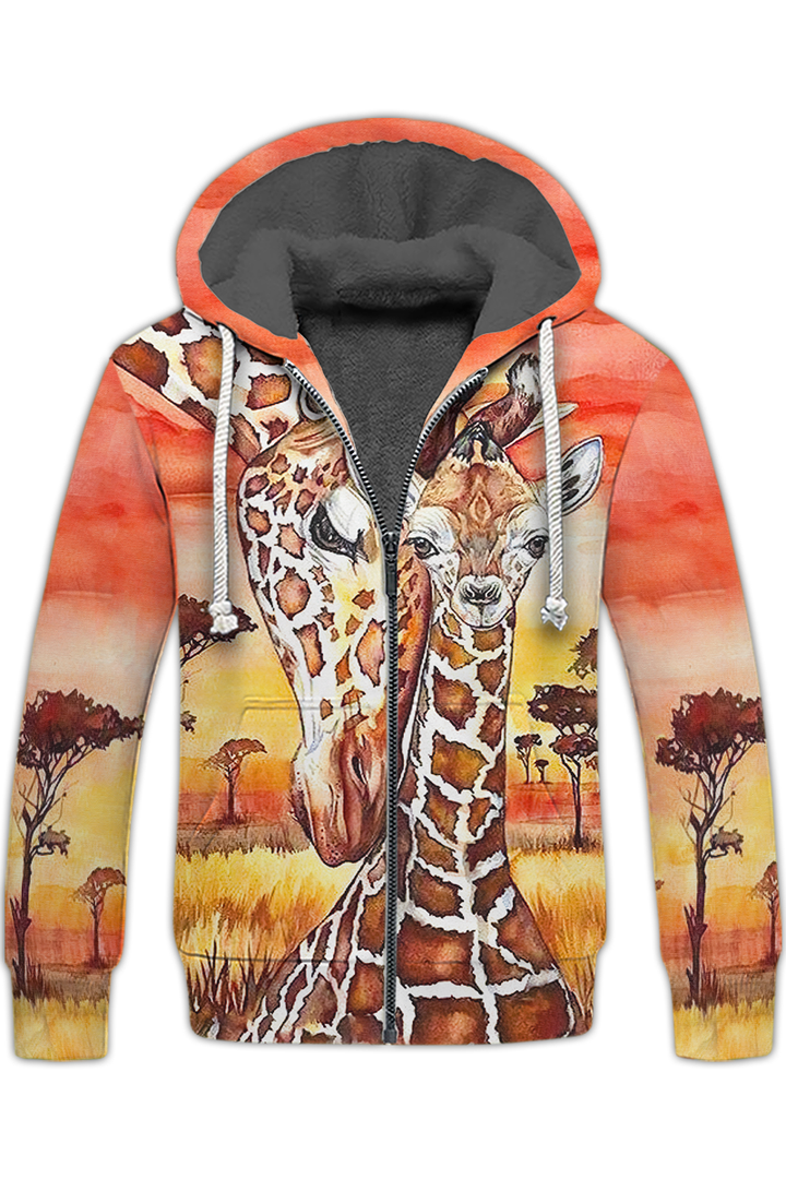 The Mother And Child Giraffe Animals Africa Forest Fleece Zip Hoodie All Over Print | Unisex | Fz1354