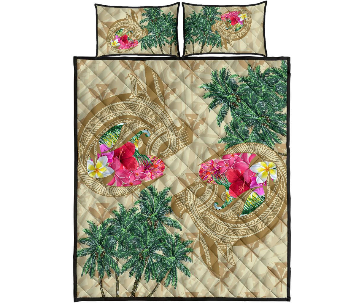 Alohawaii Home Set – Hawaii Kanaka Maoli Plumeria Palm Trees Hammer Shark Quilt Bed Set – Ah – J5