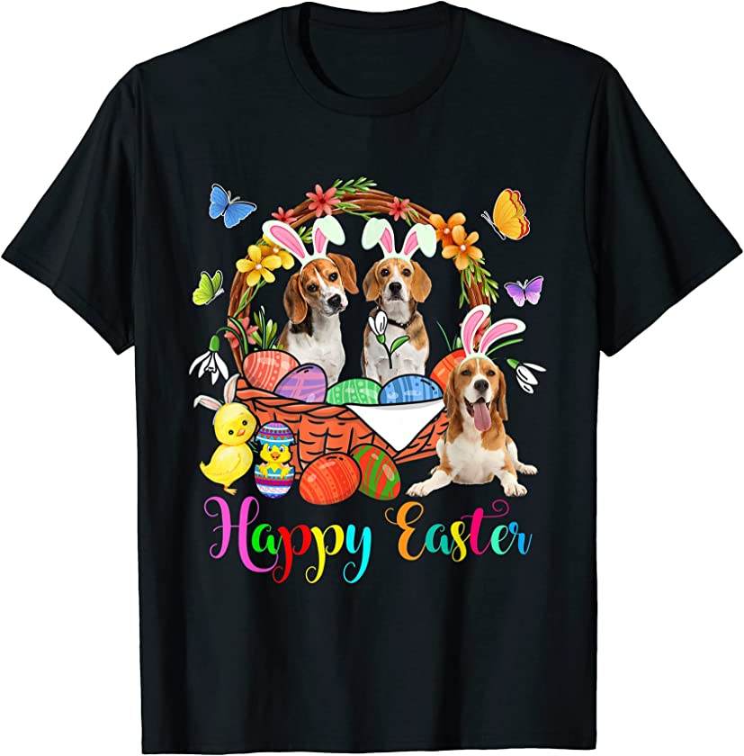 Three Bunny Beagle Dogs In Easter Eggs Basket T-Shirt