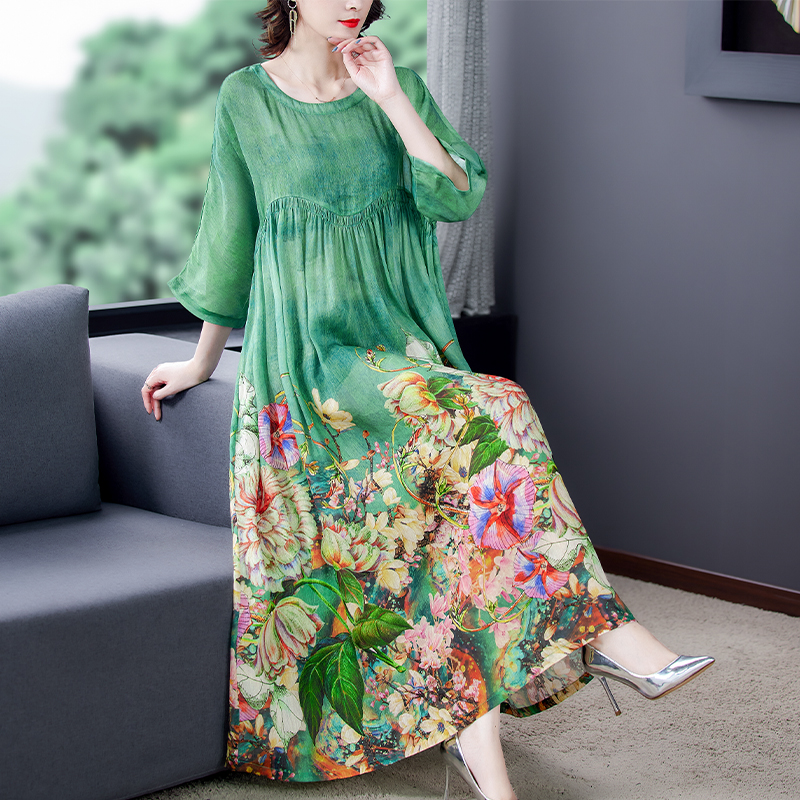 ZUOMAN 5XL Plus Size Loose Mulberry Silk Maxi Sundress 2021 Summer Casual Floral Boho Beach Midi Dresses Elegant Bodycon Party V alx