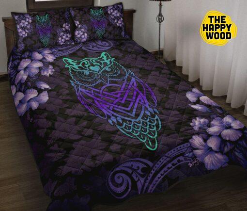 Owl Flower Purple Style Quilt Bed Set And Pillow Covers