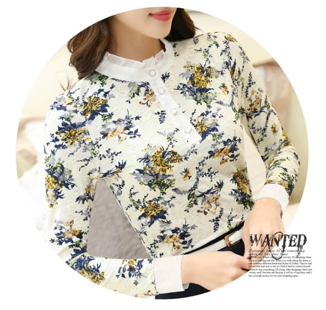 Winter Lace Casual Long Sleeve Flower Elegant Slim Velvet Blouse