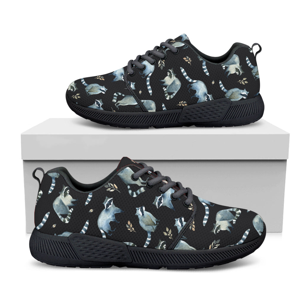 Watercolor Raccoon Pattern Print Black Athletic Shoes