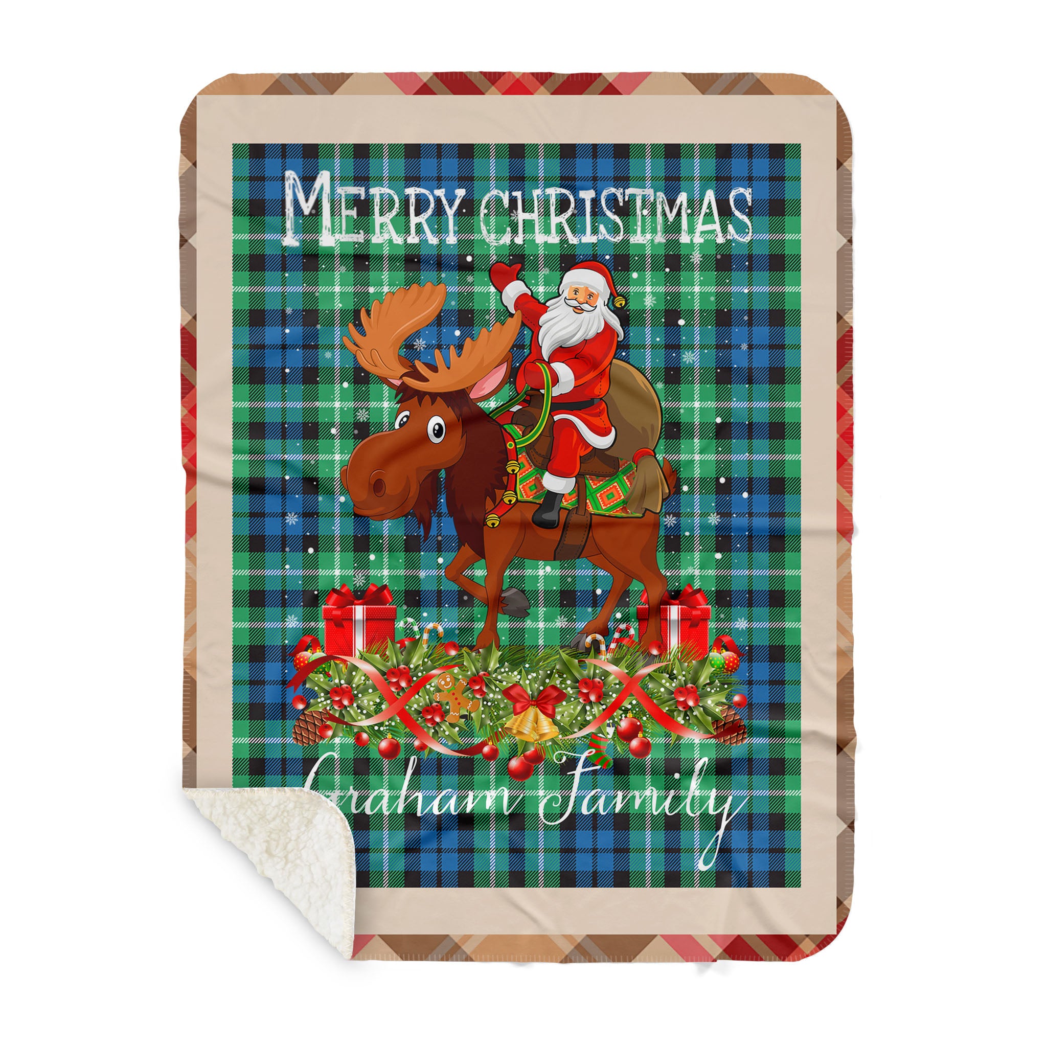 Sherpa Blanket – Personalized Gift Plaid Tartan Blanket Clan Graham Of Montrose Ancient With Moose Lover Xmas Gift Santa Riding Buffalo Plaid Christmas Blanket