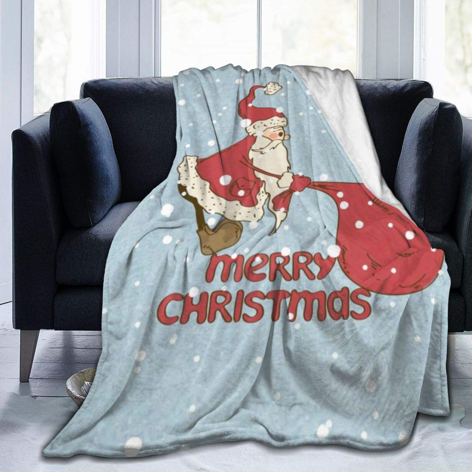 Christmas Fleece Throw Blanket Santa Claus Pulling Big Sack Christmas Lightweight Cozy Soft Plush Blanket for Couch Sofa alx