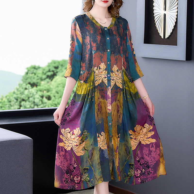 Women Floral Natural Silk Midi Dress Spring Summer New Fashion Light Beach Dress 2022 Korean Vintage Elegant Loose Waist Dress alx