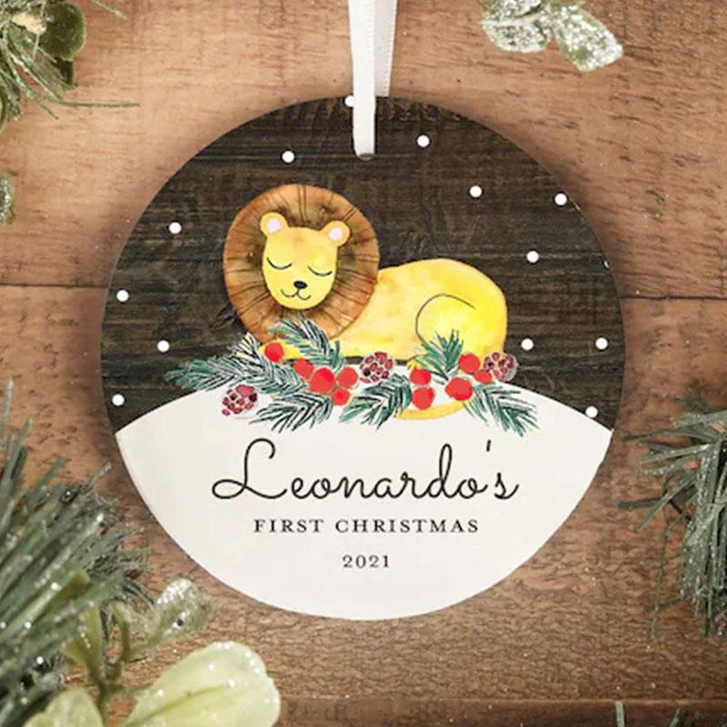 [Personalized Name & Date] Lion Christmas Ornament For Baby, Snow And Berry Branches