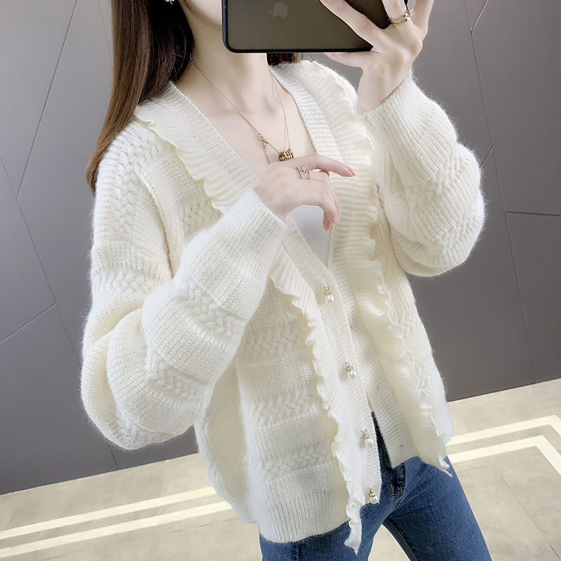 V-neck Loose Striped Sweater Thin Ladies Trench Coat Women’s Cashmere Cardigan Knitted Korean Fashion Tops 2022 White alx