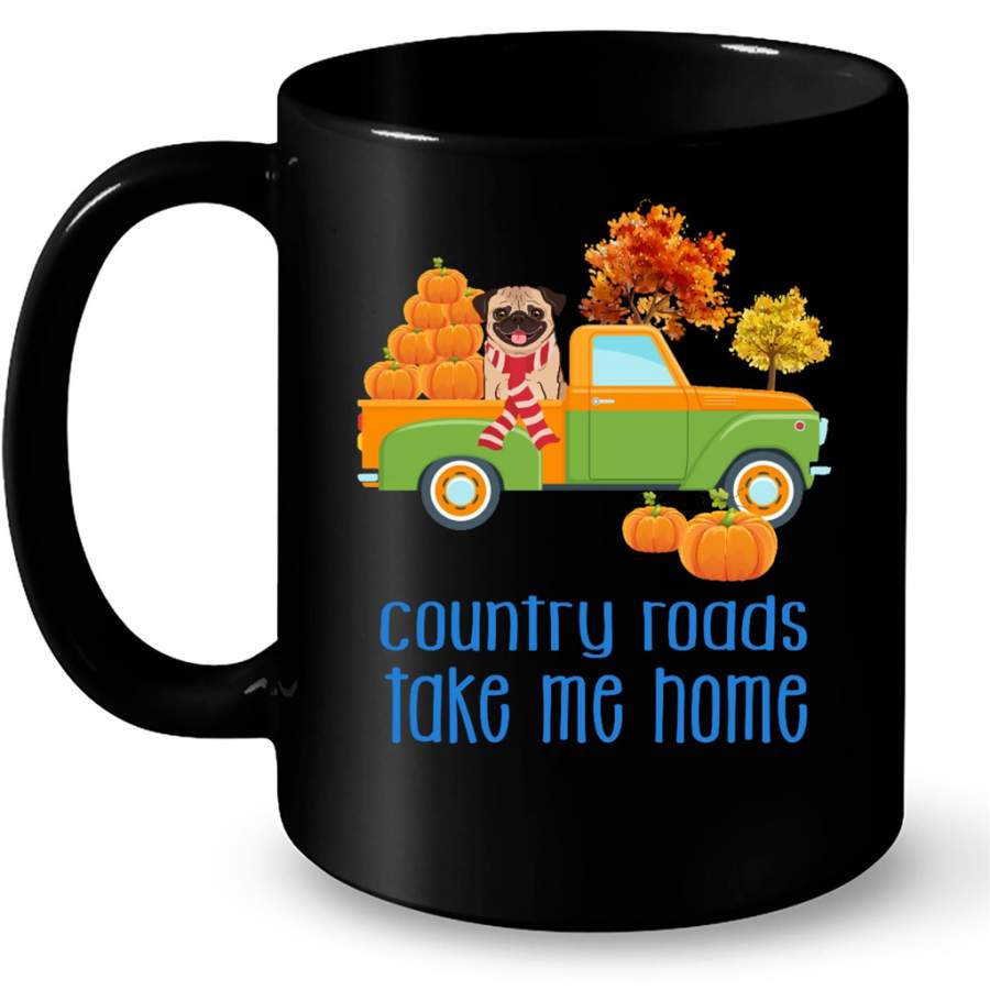 Country Roads Take Me Home Pug Dog Fall Season Vintage Car Pumpkin – Full-Wrap Coffee Black Mug