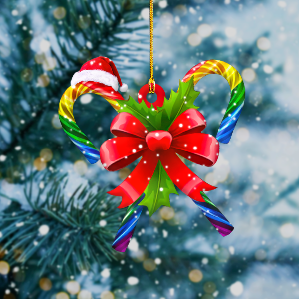 Lgbt Candy Cane Forming A Heart With Red Bow In The Centre Heart Shape Ornament