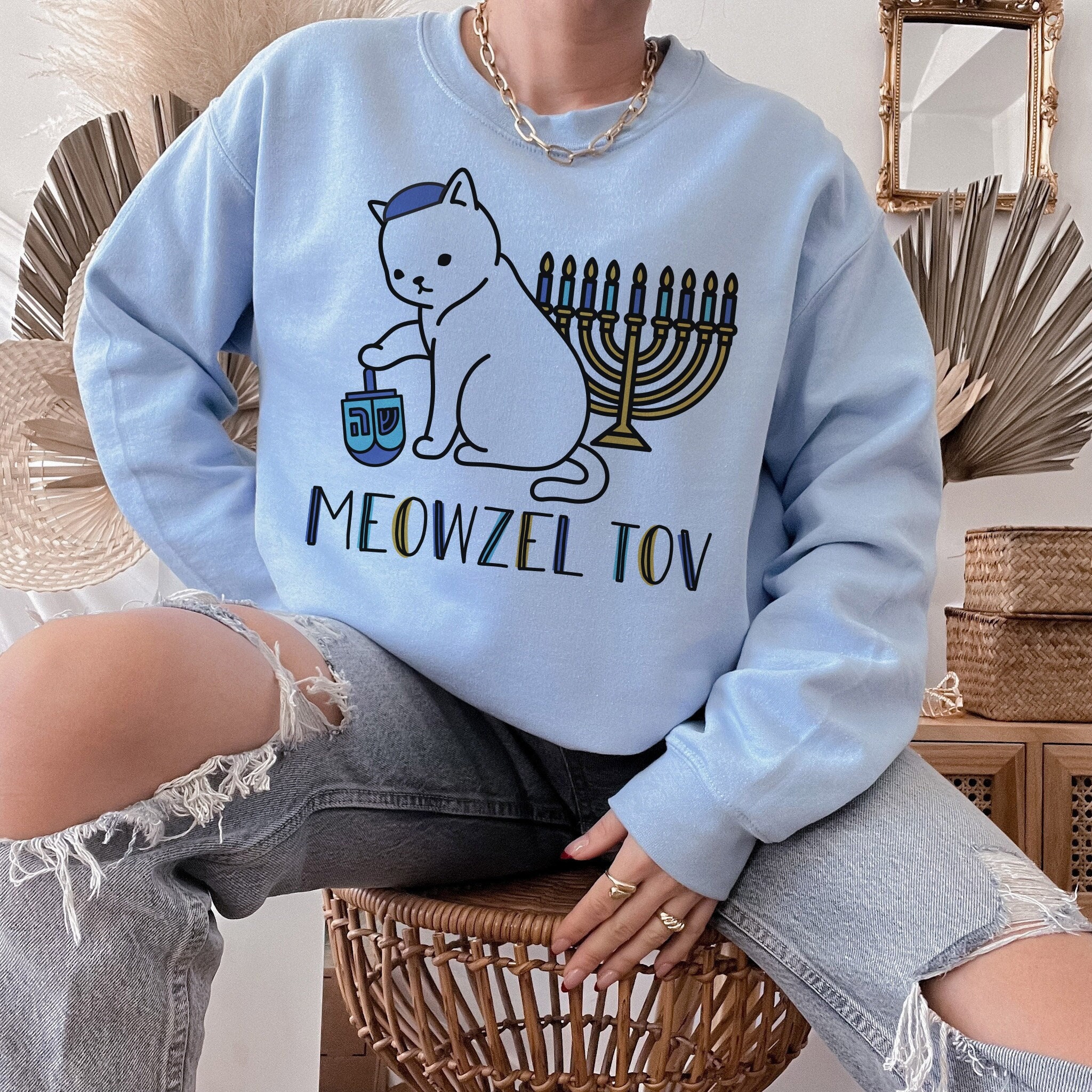 Meowzel Tov Crewneck Sweatshirt, Festive Cat Mazel Tov Holiday Hanukkah Crewneck Sweatshirt, Ugly Holiday Sweater