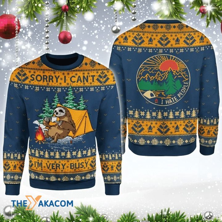 Sloth Camping Sorry I Can’T I’M Very Busy Gift For Christmas Ugly Christmas Sweater