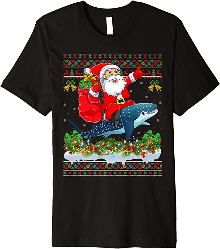 Whale Shark Xmas Ugly Santa Riding Whale Shark Christmas Premium T-Shirt