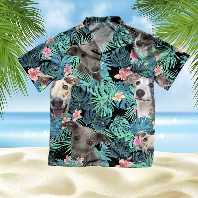 Whippet Hawaiian Shirt, Dog Summer Leaves Hawaiian Shirt, Unisex Print Aloha Short Sleeve Casual Shirt