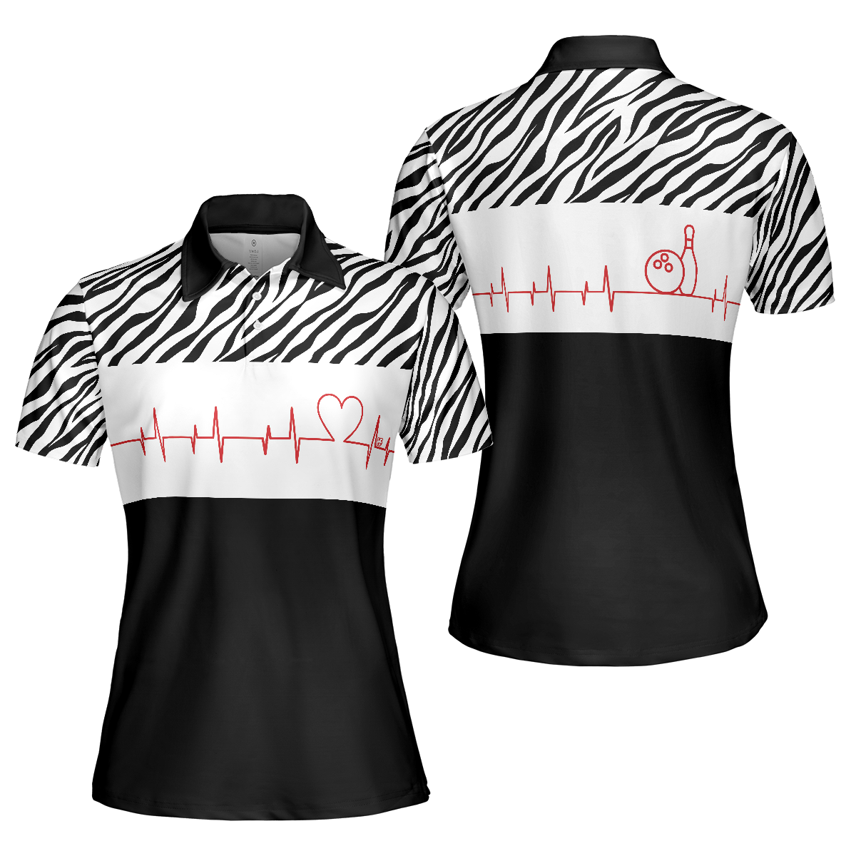 Bowling Heartbeat Zebra Pattern Short Sleeve Women Polo Shirt, Bowling Shirt For Ladies, Bowling Shirt Idea