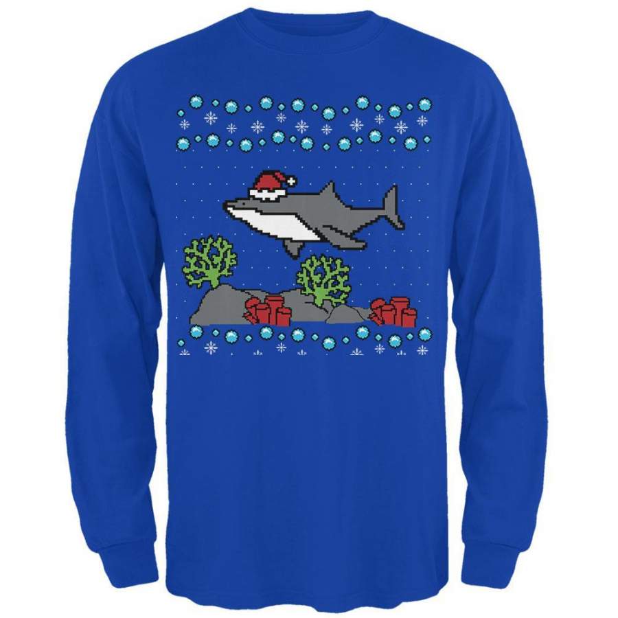 Ugly Christmas Sweater Shark Santa Hat Mens Long Sleeve T Shirt