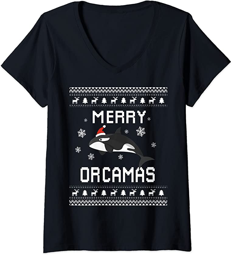 Womens Orca Lover Ugly Christmas Sweater for Holidays V-Neck T-Shirt