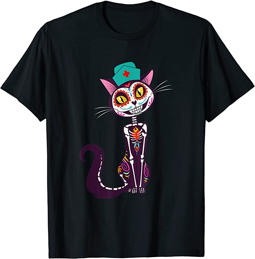 Sugar Skull Cat Calavera Dia De Los Muertos Halloween T-Shirt