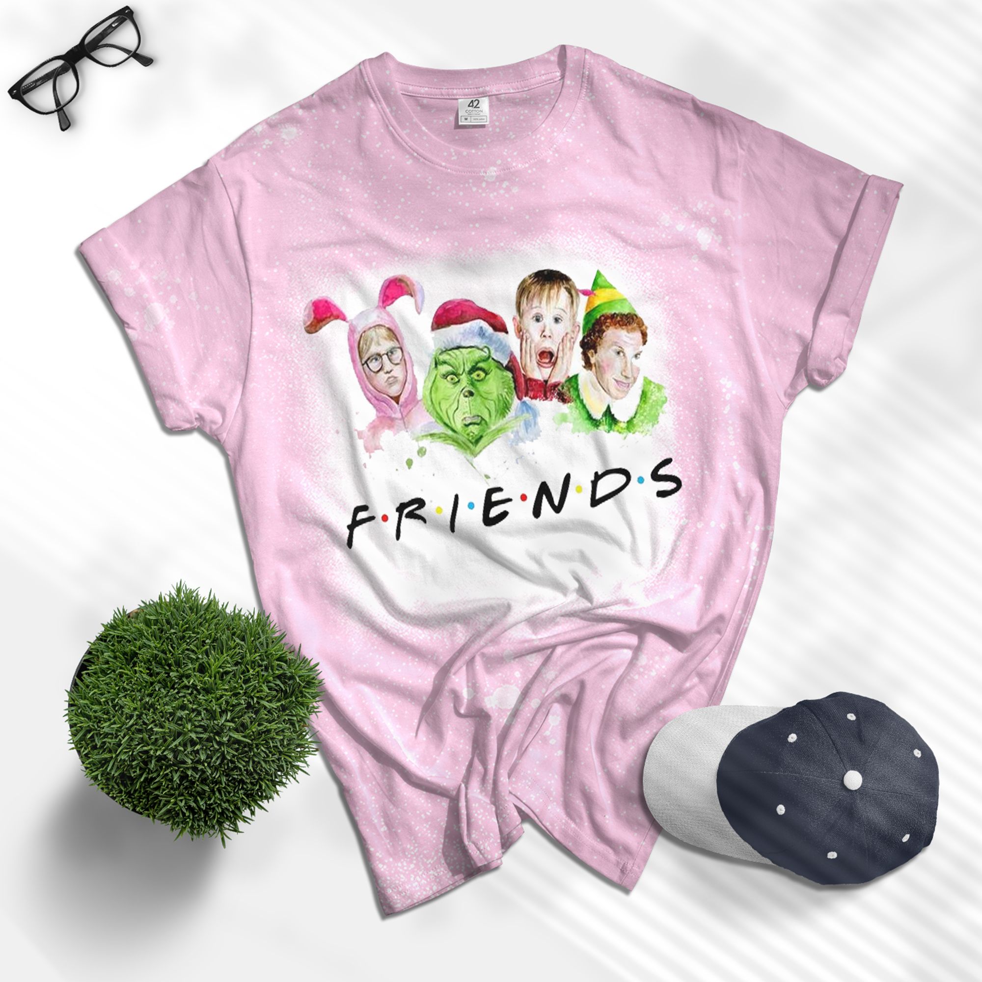 Christmas Friends Home Alone Grinch Elf Bunny Watercolor Shirt, Grinch Bleached T Shirt