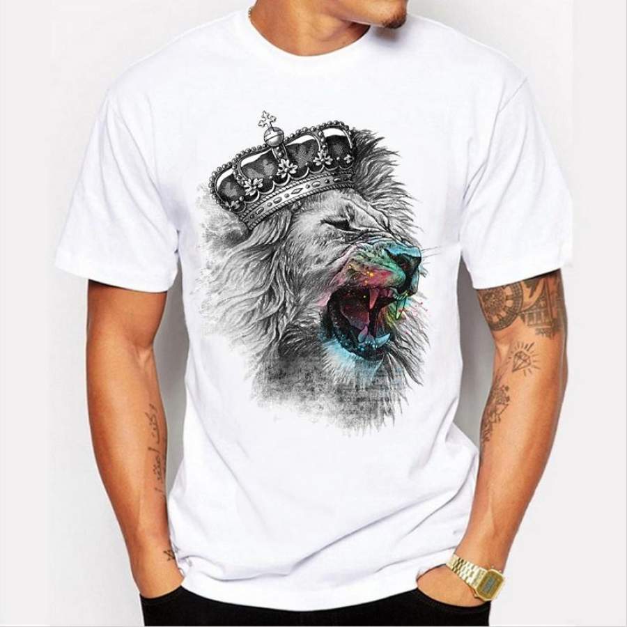 Summer Men ‘S New T – Shirt Personality Graffiti Lion Pattern Short – Sleeved Round Neck White T – Shirt