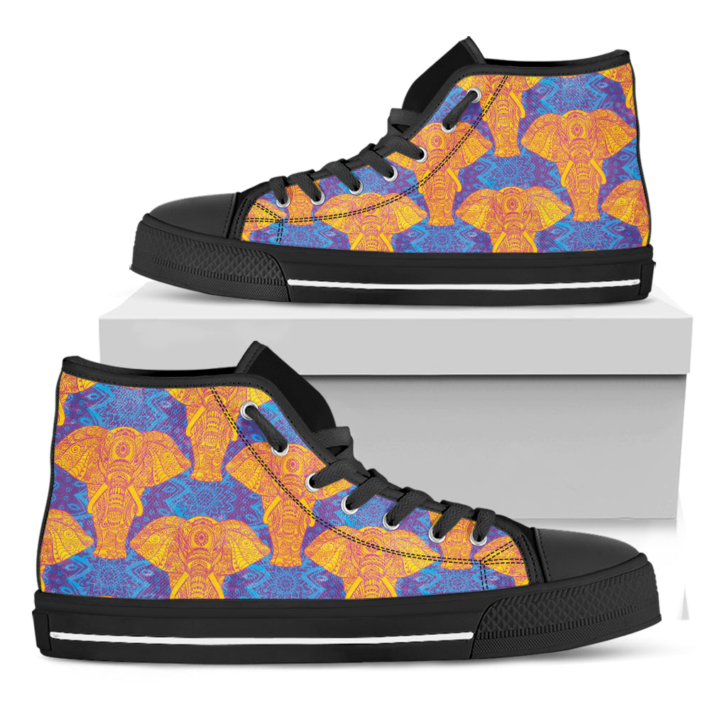 Yellow Mandala Elephant Pattern Print Black High Top Shoes