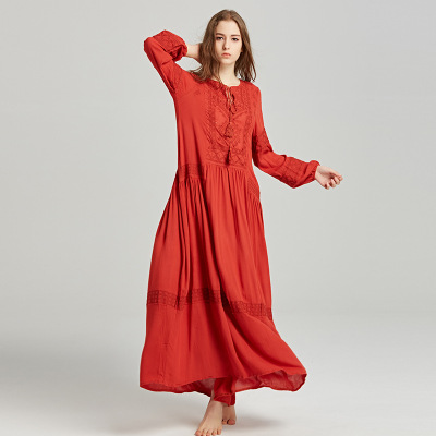 TEELYNN long sleeve maxi dresses women tunic cover up red floral embroidery v neck tassel long dress Casual loose boho vestidos alx