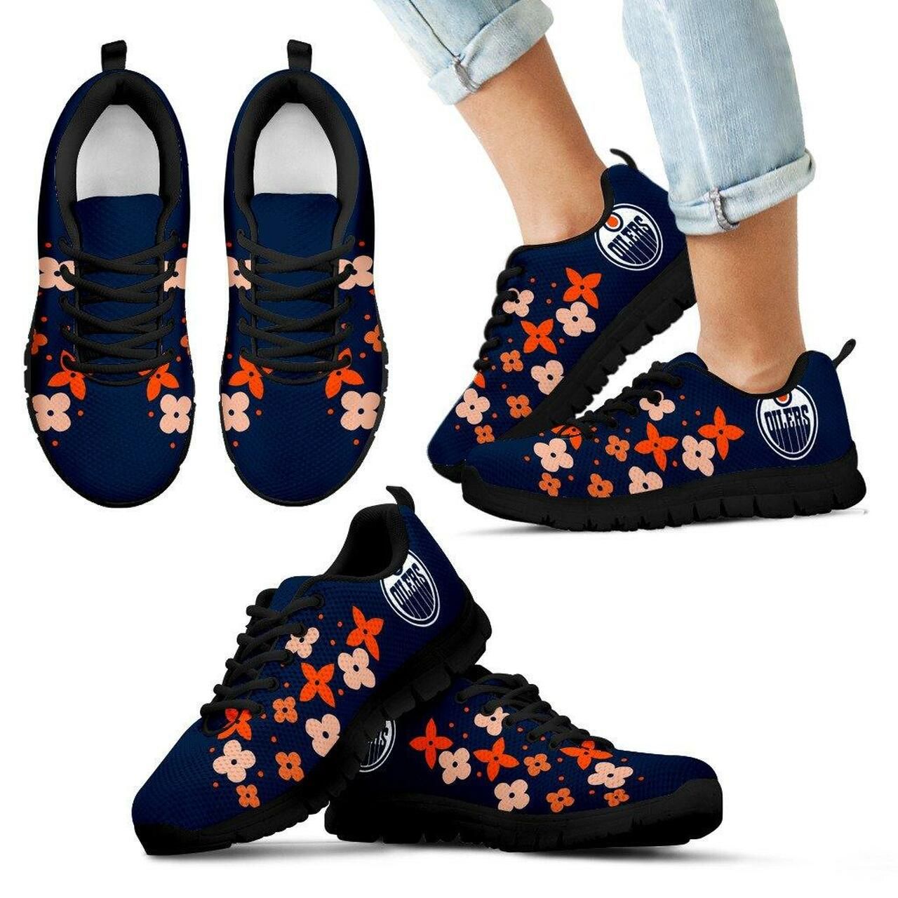 Flowers Pattern Edmonton Oilers Sneakers Running Shoes For Men, Women Shoes7581