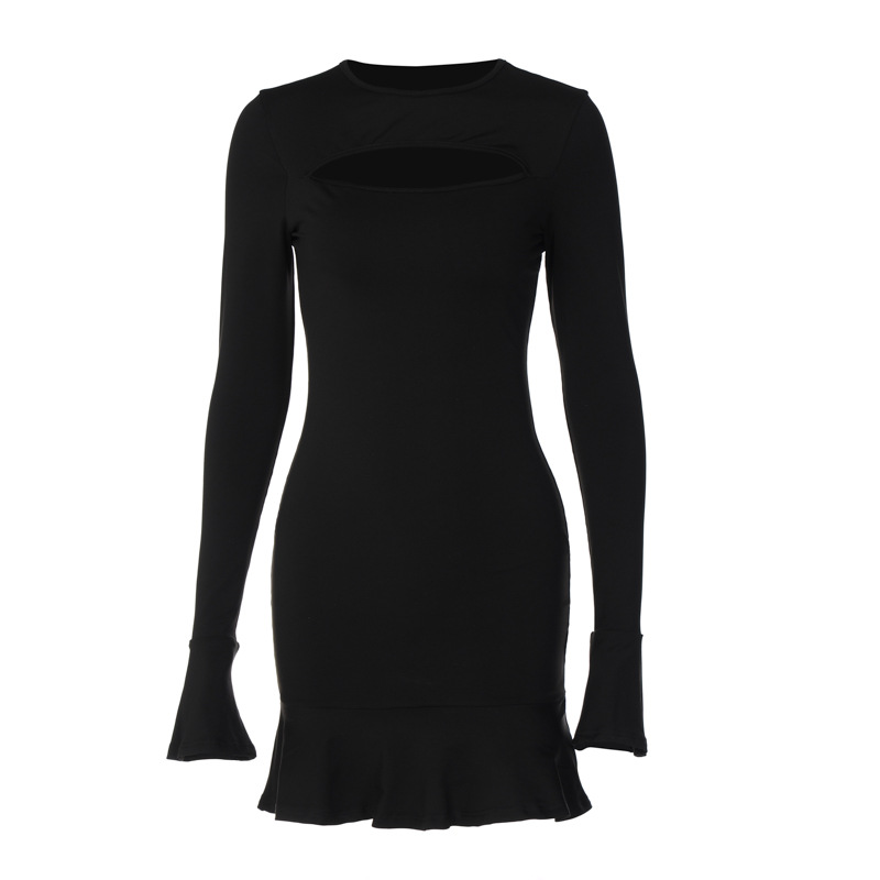 Women Sexy O Neck Solid Color Hollow Out Ruffles Skinny Long Sleeve Mini Dress Elegant Party Clubwear Chic Y2K Harajuku E-girl L alx