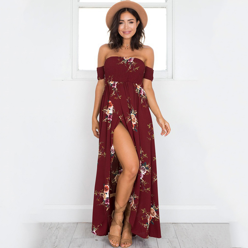 Summer Boho Off Shoulder Long Dresses For Women Elegant Floral Printed Maxi Dress Beach Vintage Party Dresses Vestidos Plus Size alx